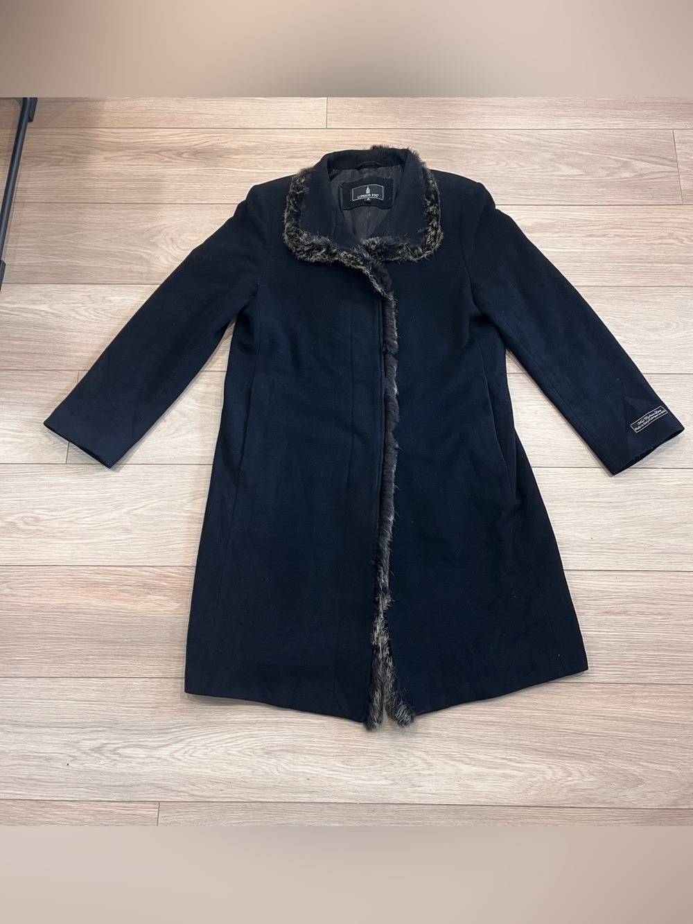 London Fog Wool Cashmere Rabbit Fur Trim Long Coat Black Size 8